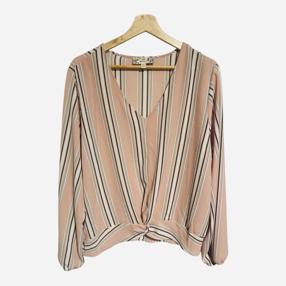 PINK REPUBLIC Striped Blouse Long Sleeve V Neck Pink White Blue Size XXL
